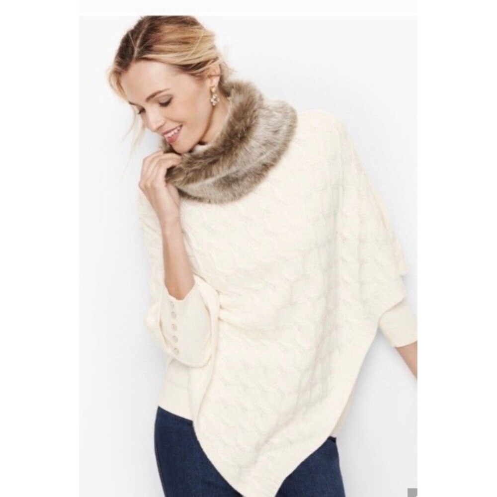 TALBOTS CABLE KNIT SWEATER PONCHO CAPE XS/S FAUX FUR COLLAR